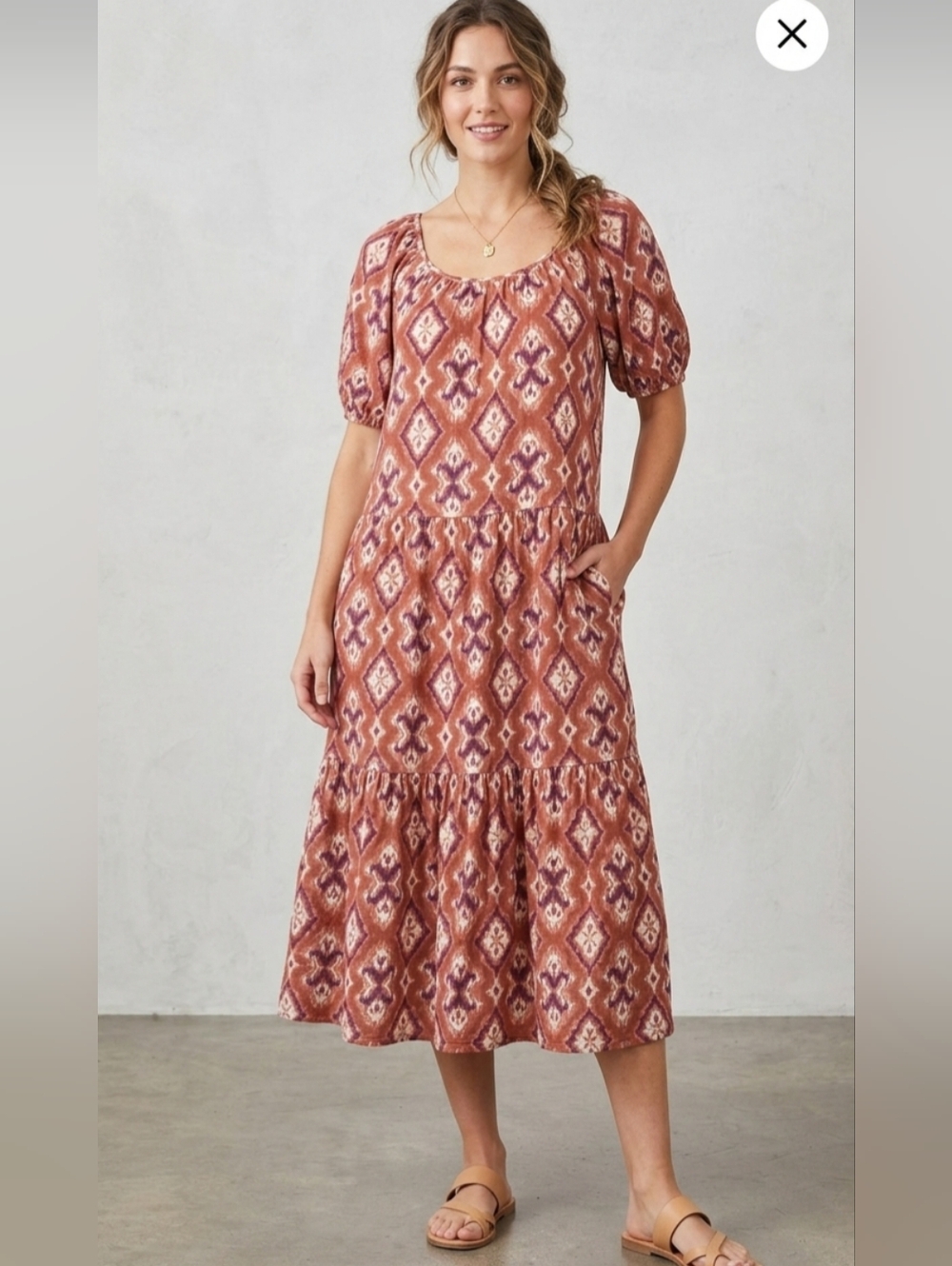 Knox Rose Boho Ikat Tiered Midi Dress Puff Sleeve Rust Orange Medium